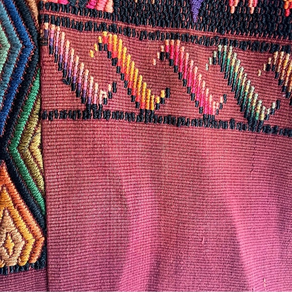 Vintage 70s Guatemalan Huipil Handmade Tunic Top – Red Brown Geometric P… - Picture 5 of 15